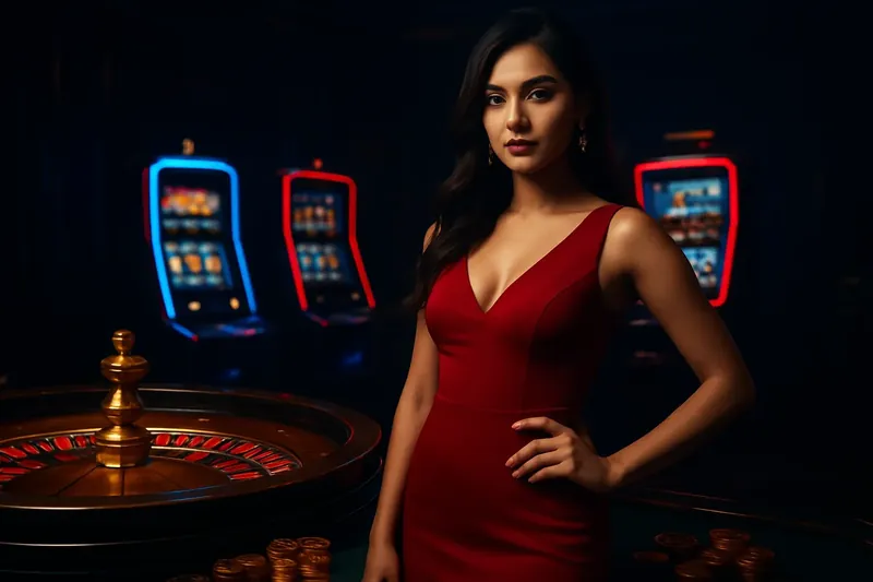 Bangladesh Casino Banner Elegant woman in red dress standing near roulette and slot machines with gold coins and poker chips in a luxurious casino setting